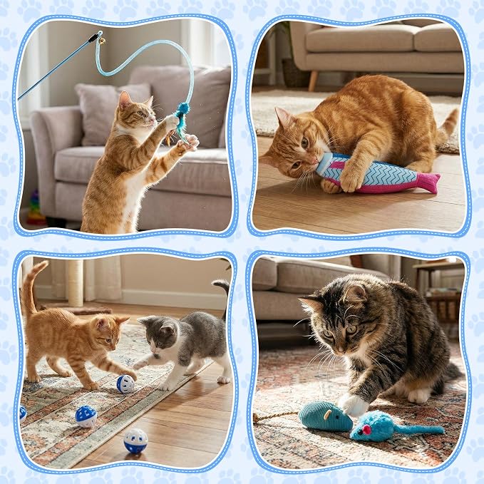 Leitee 101 Pcs Cat Interactive Toys Set with 1 Cat Paw Gift Storage Bags Feather Teaser Wand Springs Mice Fish Crinkle Balls Bell Balls Pillow, Puzzle Toys for Cats Gift Indoor(Blue)