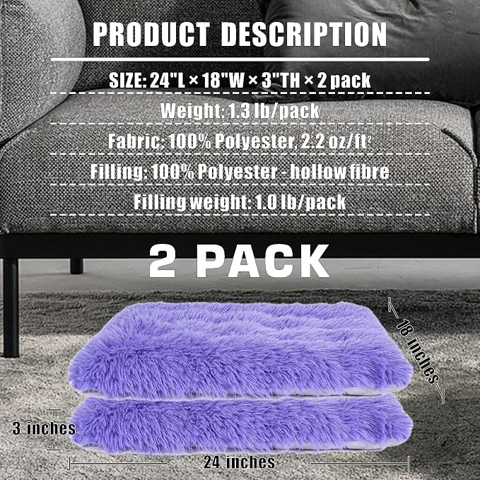 Machine Washable Dog Bed, Deluxe Plush Dog Crate Pad and Cat Bed, Anti-Slip Bottom Kennel Pad Mat, Fuzzy Pet Beds for Large, Medium, Small Dogs Breeds (Violet, 24.0" L x 18.0" W x 3.0" Th x 2 Pack)