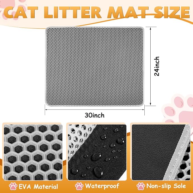 Cat Litter Mat 30"x24", Double Layer Waterproof Litterbox Mat, Gray | Non-slip backing, washable for easy cleanup, traps stray litter with waterproof honeycomb large grid that is urine-proof.