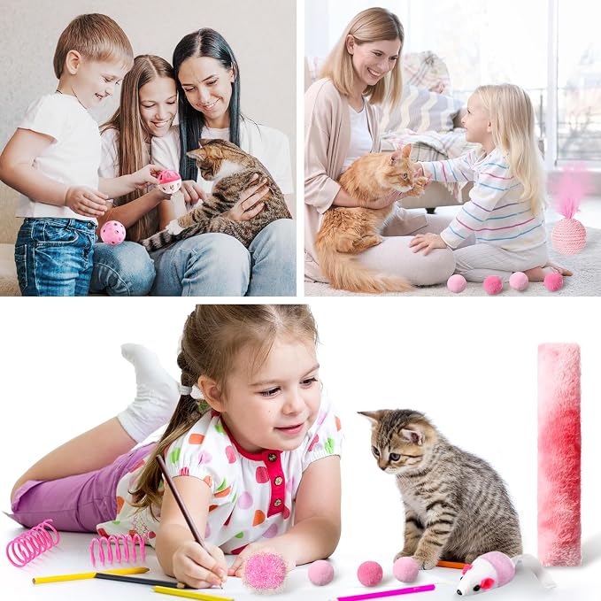 Foilswirl 24 Pcs Cat Toys Set Interactive Kitten Toys Pack Including Collapsible Play Tunnel Feather Teaser Wand Fuzzy Ball Springs Pillow Mouse Bells for Indoor Cats Puppy(Pink)