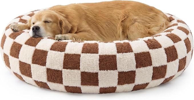 LE SURE Shown on TV Donut Dog Bed Extra Large Size Dog - Round Pet Beds for Calming Puppy with Washable Cover, Orthopedic Modern Beds with Jacquard Shaggy Plush & Anti Slip Bottom, 42 Inch,Brown