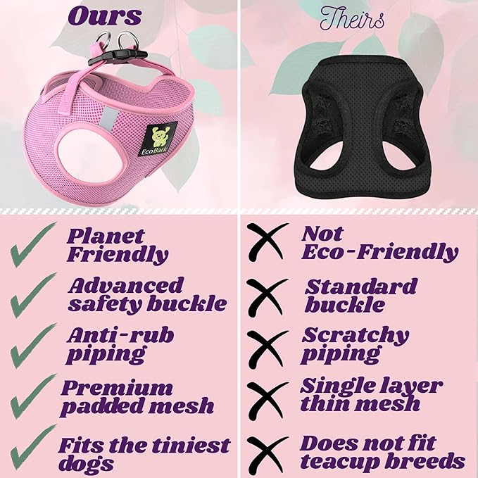 EcoBark Small Dog Harness - Luxury Soft Step in Mesh Harnesses for Puppy & Toy Breed Dogs- Secure Buckle & Reflective Halter Vest for Small Sized Dogs (Sm, Baby Pink)