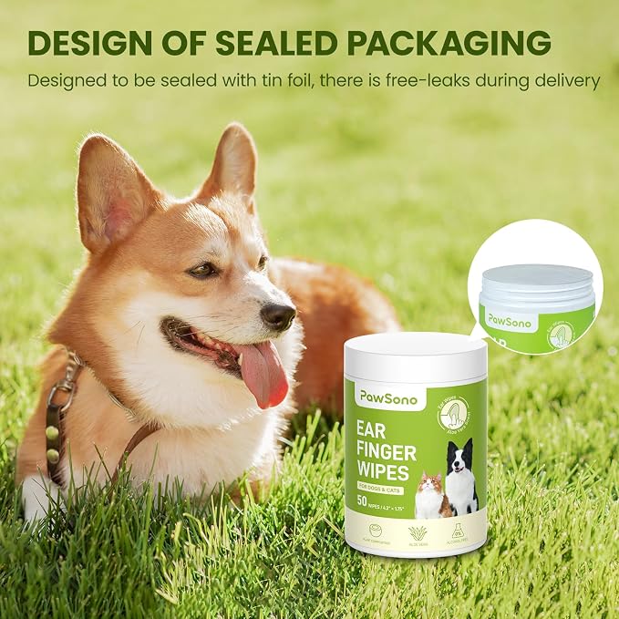 PawSono Dog Ear Wipes - 100 Count Dog Ear Cleaner Finger Wipes for Dogs & Cats, Pre-Moistened Ear Cleaning Wipes for Puppies, Kittens & Small Animals, Thick Pet Ear Wipes to Remove Wax, Dirt & Debris