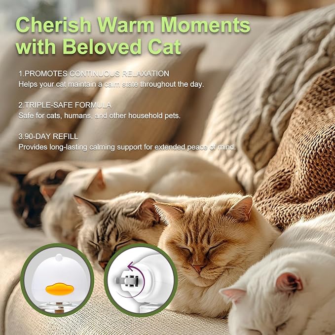 Cat Calming Diffuser, 4-in-1 Pheromone Refills for Anxious Cats, 120-Day Continuous Stress Relief for Multi-Cat Harmony (C)