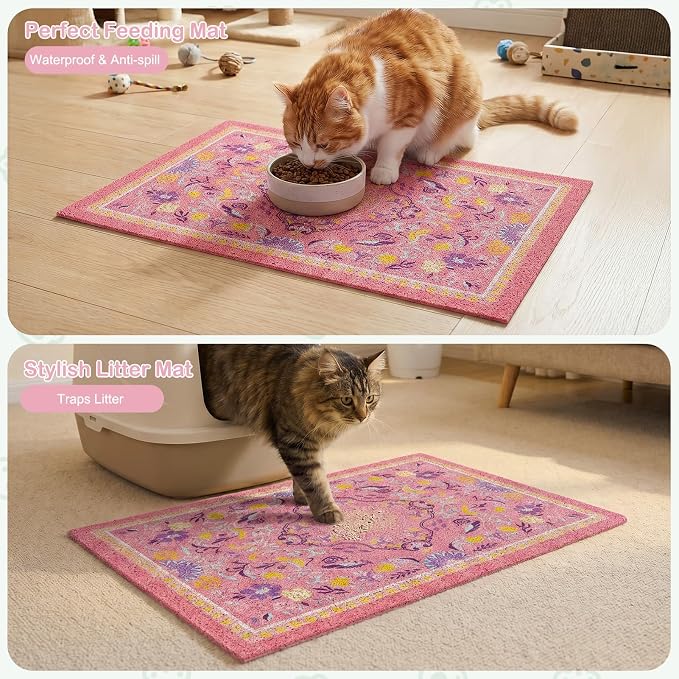 Glittme Cat Litter Mat with Non-Slip Bottom Litter Box Mat 33"X22" Litter Trapping Mat Easy to Clean Washable Cat Food Mat for Kitty,L