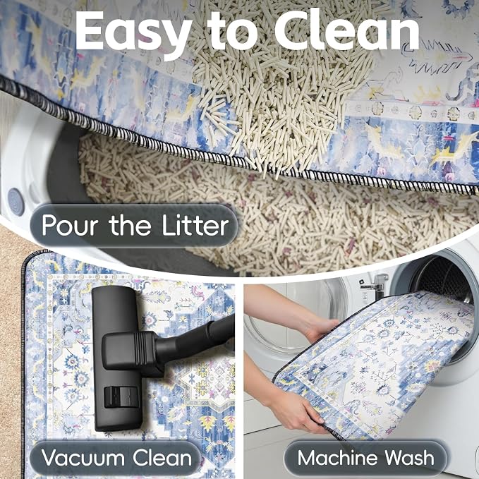 Cat Litter Mat Litter Trapping Mat, 35"x23" Waterproof Urine Proof Litter Box Mat Catcher Mat Non-Slip Washable for Kitty Kitten, Blue