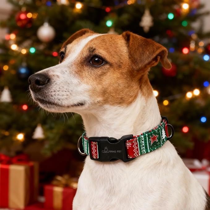 ARING PET Christmas Dog Collar, Cute Red Green Folk Snowflake Pet Collars with Quick Release Buckle for Puppy Small Medium Large Boy Girl Dogs-L