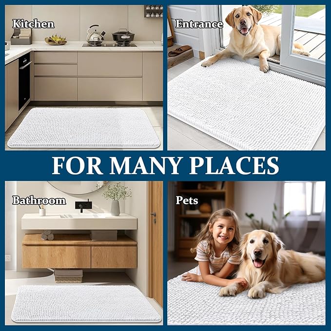 OLANLY Dog Door Mat for Muddy Paws 40x24, Super Absorbent Chenille Mud Mat | White, Absorbs Moisture and Dirt, Non-Slip Machine Washable Doormat, Quick-Drying Indoor Entryway Floor Carpet for Dogs