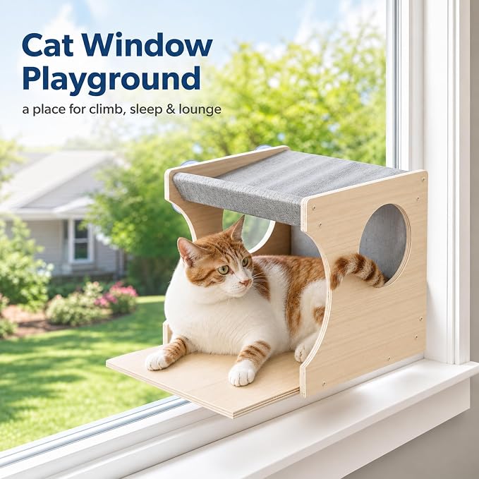 Cat Window Perch,2-Tier Hammock & Hideaway House with Strong Suction Cups | Left-opening, Drill-Free, Hold Up to 45 lb Support, For Small to Medium Cats, Let Cats Lounge, Climb and Watch Outside