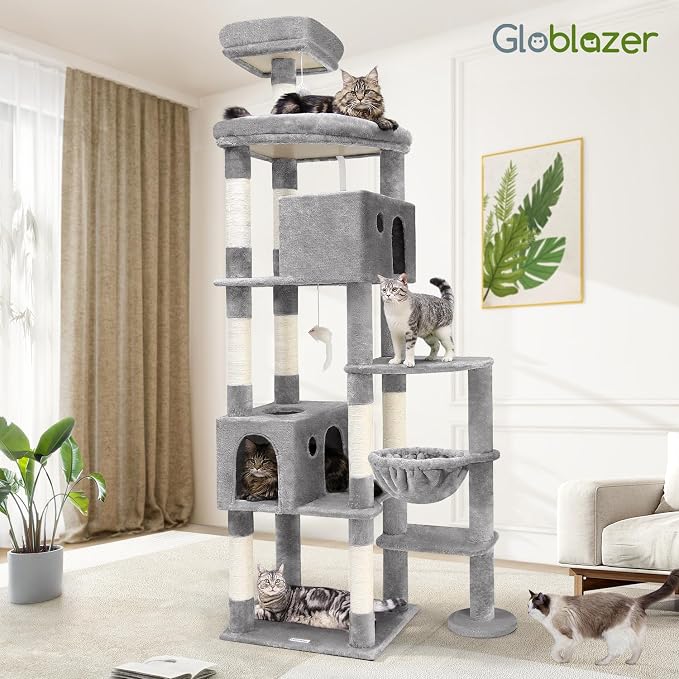 Globlazer Giant Cat Tree for Indoor Large Cats, 83in, F83, Light Grey | XXL Cat Tower with 9 Scratching Posts for 20lb+ Heavy Duty Large Adult Cats