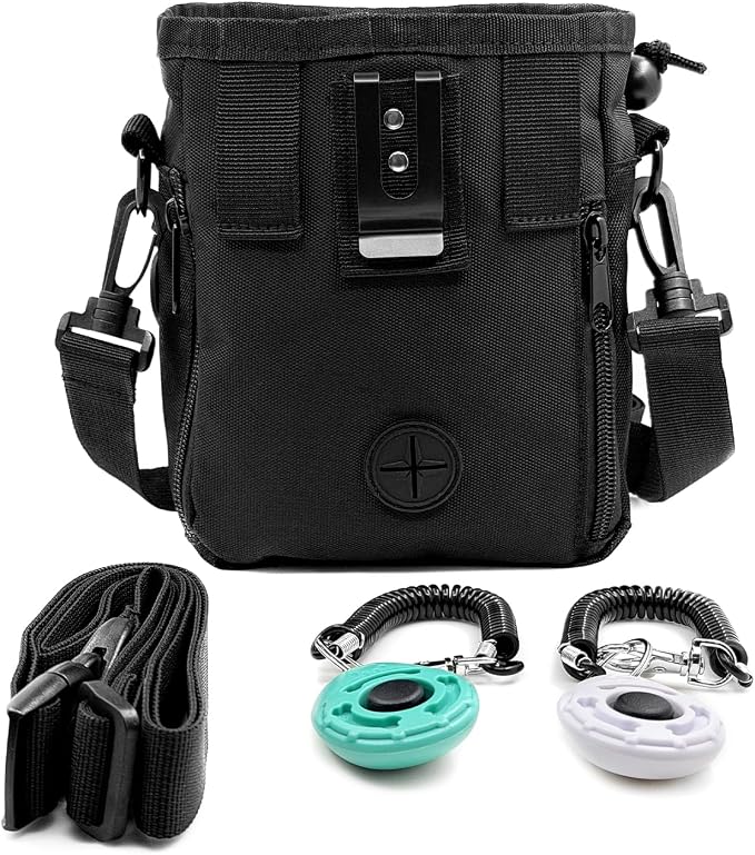 Dog Treat Pouch, Pet Training Clickers,Hands-Free Waist Belt Clip Nylon Pet Treat Pouch with Shoulder Strap, Puppy Walking Supplies Built-in Poop Bag Dispenser for Cat Bird Rabbit (Black)