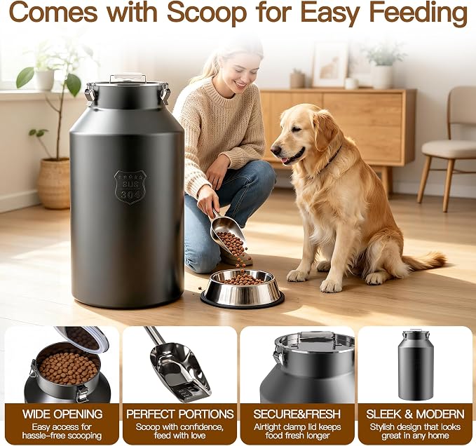 Stainless Steel Dog Food Storage Container 45 lb with Scoop & Lid | Large Airtight Metal Pet Food Bin, No Dented or Scratched, Metal Dog Food Storage Container for Kibble, Cat Food & Bird Seed