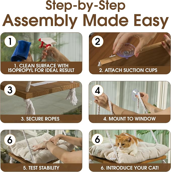 Cat Window Perch, Indoor Hammock Bed with Solid Pine Wood, 4 Industrial-Grade Suction Cups, Window Hammock with Soft Cushion for Cats, Space Saving Design