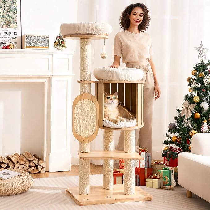 50" Modern Cat Tree for Indoor Cats Small to Medium, Solid Wood Cat Tower with Sisal Scratching Posts, Cat Scratcher Cardboard, Cozy Cat Beds & Hidden Cat Condo, Multi-Level Cat Furniture