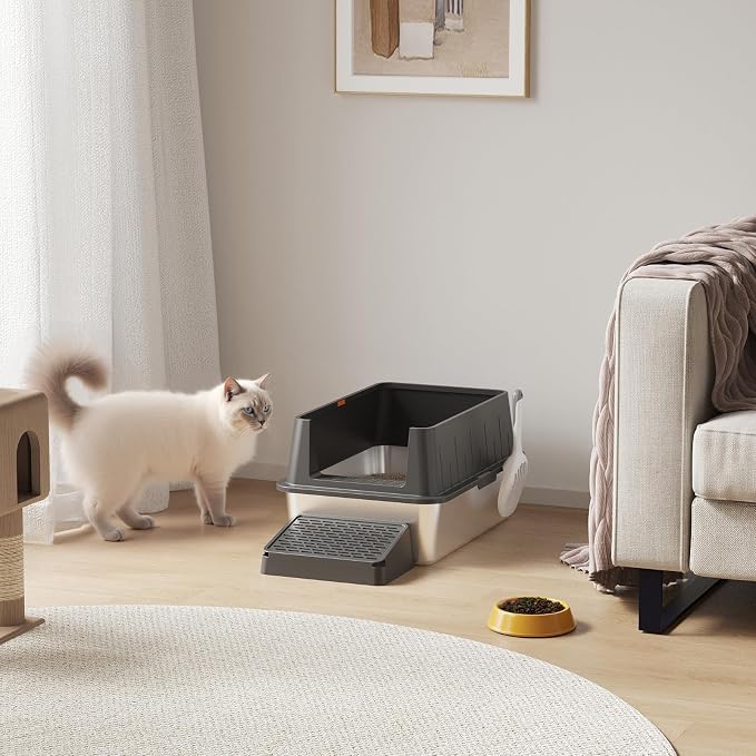 Lifewit Stainless Steel Litter Box for Kitty, Large Metal Cat Litter Tray with Non-Slip Pads, Anti-Leakage Top Entry and High Sided, Easy to Clean, 23.8" L×16" W×6.9" H, Black