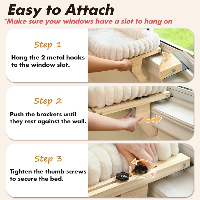 Zoratoo Cloud-Soft Wooden Cat Window Sill Perch with Zipper Cushion,M White | 21.7’’x18’’, Removable for Machine Wash, Fluffy Plush Bolster, Sturdy Metal Frame for Large Cats up to 40lbs, Easy to Adjust