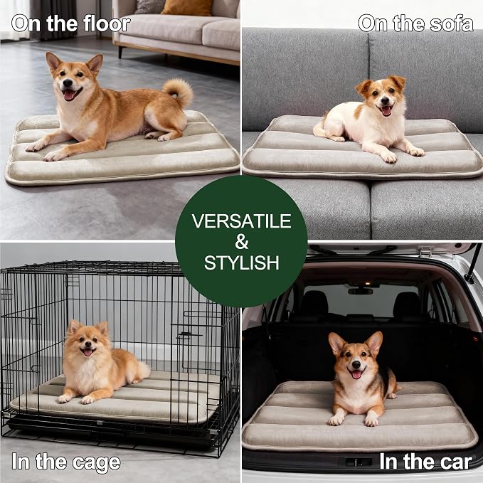 Dog Bed Mat, Reversible Dog Crate Pad with Washable Kennel Mat and Soft Foam, Flat Pet Bed for Dogs & Cats, for Crates Carriers & Travel (Light Brown, 28" L*16" W*1.5" Th)