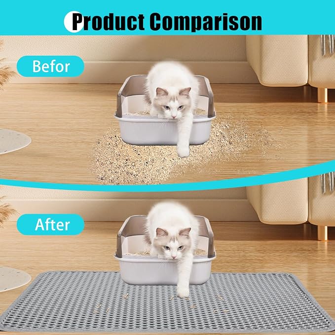 Cat Litter Mat 35"x24", Double Layer Waterproof Litterbox Mat, Gray | Non-slip backing, washable for easy cleanup, traps stray litter with waterproof honeycomb large grid that is urine-proof.