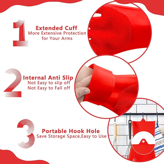 Pet Grooming Gloves—Dog Washing Gloves with High-Density Teeth, Dog Bath Scrubber with Enhanced Five Finger Design, Silicone Gloves for Dogs and Cats Bathing, Massage (Bright Red)