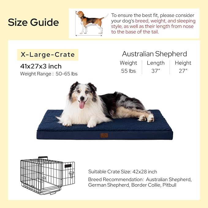 Bedsure XL Dog Bed for Crate, Pet Bed with Washable Cover, 41x27 Inch Navy | Orthopedic Egg Crate Foam, Flat Rectangle Sherpa Mat, Non-Slip Bottom, Comfy Removable Cover, For Extra Large Pets ≤ 65 lbs