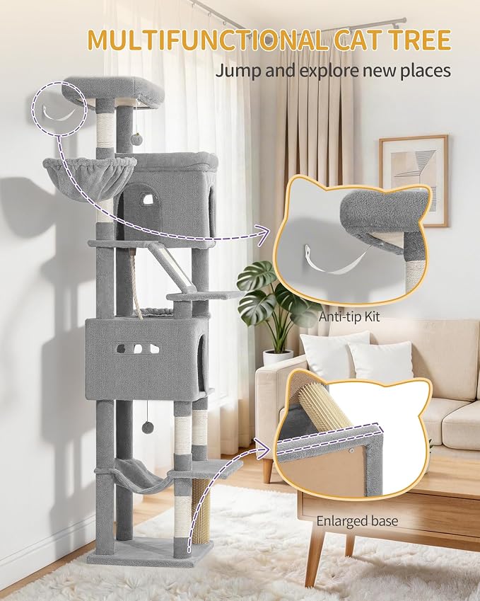 Hzuaneri Tall Cat Tree 84 Inch, Indoor Large Multi-Level Cat Tower | Cat Condo Furniture with 5 Scratching Post, 2 Hanging Basket, 2 Condo, 2 Large Platform, Pet Play House, Light Grey MS21318LG