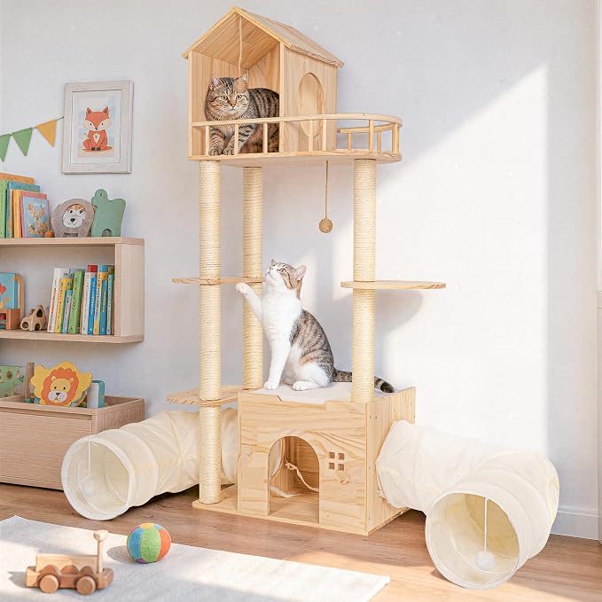 58 Inch Large Solid Wood Cat Tree, Tall Cat Tower for Indoor Cats, Cat Tree House with Double Tunnels, Sisal Scratching Posts, Washable Cushion, Hanging Balls, Natural
