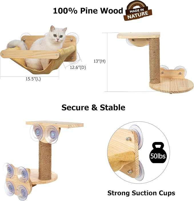 Cat Window Hammock Bed 4pcs/Set Cat Window Perch for Indoor Cats Seat with Two Shelves and One Scratching Post Sunction Cup Mounted | 4pcs/Set,Drill-Free,Hold Up to 40 lb,For Small to Medium Cat to Climb, Scratch, Rest and Watch Outside,Machine-Washabl...