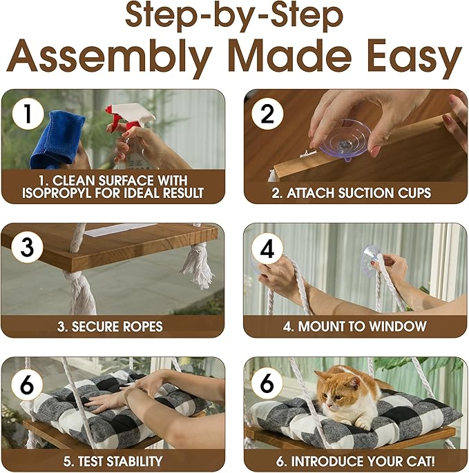 Cat Window Perch, Indoor Hammock Bed with Solid Pine Wood, 4 Industrial-Grade Suction Cups, Window Hammock with Soft Cushion for Cats, Space Saving Design