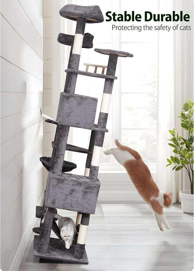 Meecal Cat Tree, 79in Giant Tower for Indoor Cats Large Adult, Smoky Gray | Heavy Duty Cat Trees with Scratching Post, 2 Cat Condos, Hammocks, Perches, Hanging Toys for Multiple Maine Coon, Big Cats