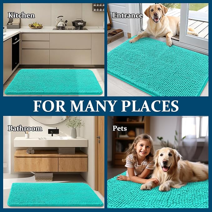 OLANLY Dog Door Mat for Muddy Paws 36x24, Super Absorbent Chenille Mud Mat | Teal, Absorbs Moisture and Dirt, Non-Slip Machine Washable Doormat, Quick-Drying Indoor Entryway Floor Carpet for Dogs