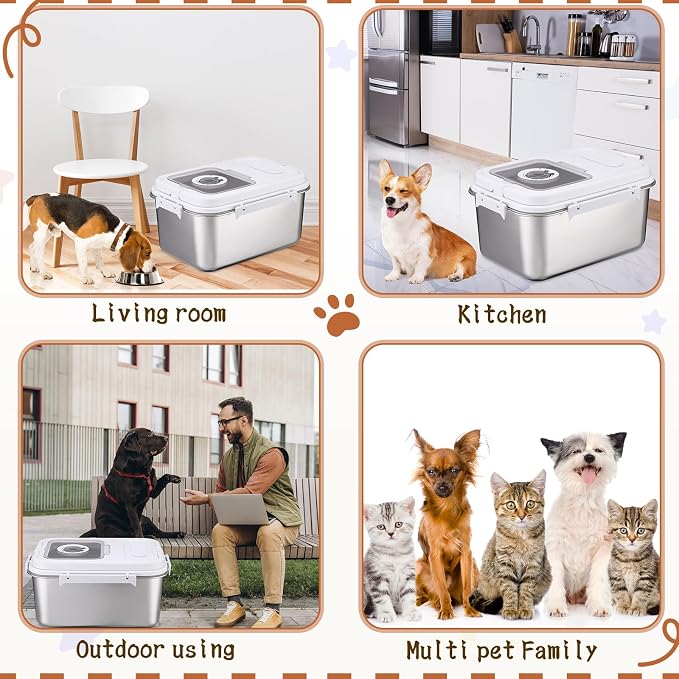 14-18 lb Stainless Steel Dog Food Storage Container | with Silicone Airtight Lid, Scoop, Easy to Clean Metal Pet Dog Cat Food Storage Container Keep Fresh