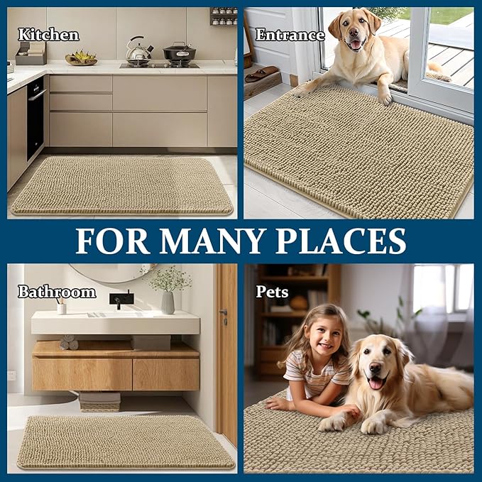 OLANLY Dog Door Mat for Muddy Paws 40x32, Super Absorbent Chenille Mud Mat | Beige, Absorbs Moisture and Dirt, Non-Slip Machine Washable Doormat, Quick-Drying Indoor Entryway Floor Carpet for Dogs