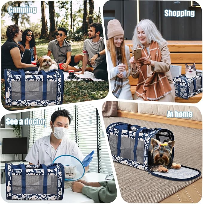 Soft-Sided Kennel Pet Carrier for Small Dogs, Cats, Puppy, Airline Approved Cat Carriers Dog Carrier Collapsible, Travel Handbag & Car Seat (Blue White Floral, 19" L x 11" W x 11" H)