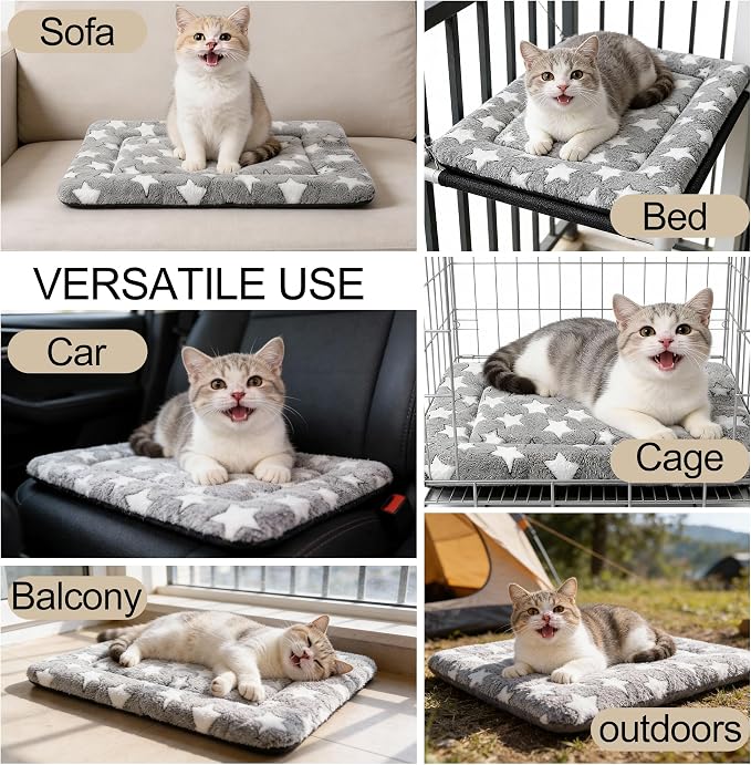 Dog Crate Mat, 4 Piece Reversible Pet Bed, Polyester, Machine Washable, Small Dogs & Cats, Rectangular (Gray Star, 18" L x 14" W x 1.5Th)