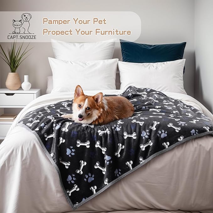 Waterproof Dog Blankets Pet Blanket 50"x60", Soft Fluffy Sofa Car Bed Protector, Reversible Sherpa Fleece Dog Blanket for Large Dogs(Navy Paws)