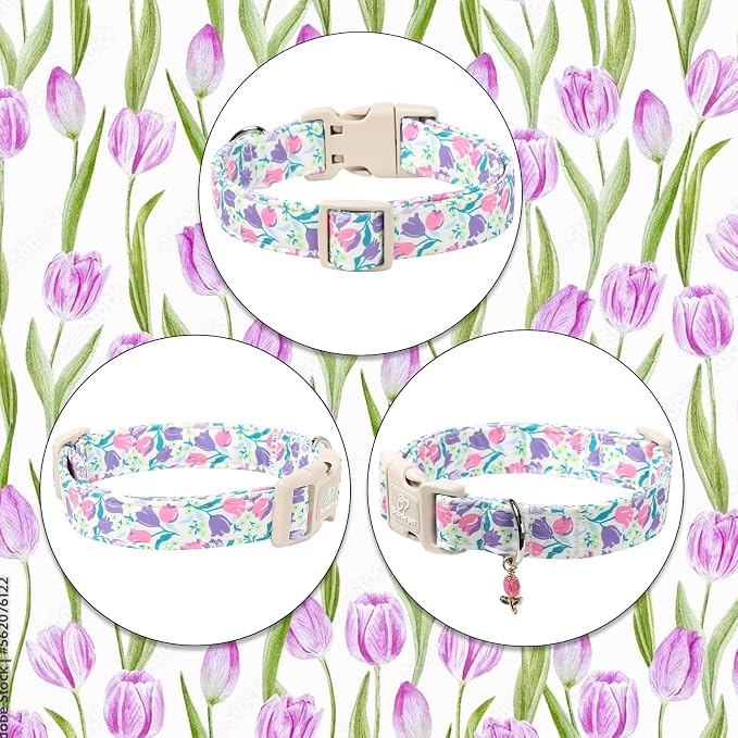 Floral Dog Collar for Small Dogs - Pink Purple Tulips Print Dog Collars, Spring Summer Cute Flower Puppy Collar, Lightweight Adjustable April Holiday Boy Girl Dogs Collars S