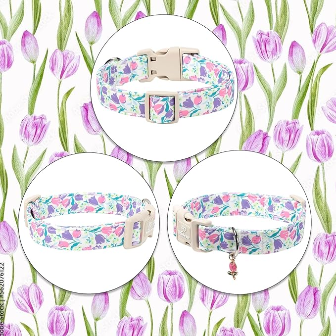 Floral Dog Collar for Medium Dogs - Pink Purple Tulips Print Dog Collars, Spring Summer Cute Flower Puppy Collar, Lightweight Adjustable April Holiday Boy Girl Dogs Collars M
