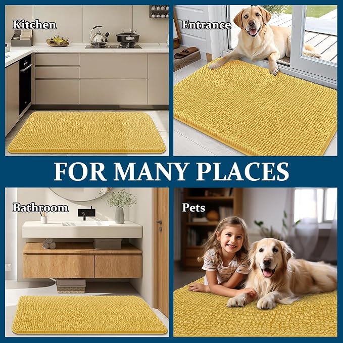 OLANLY Dog Door Mat for Muddy Paws 59x35, Super Absorbent Chenille Mud Mat | Yellow, Absorbs Moisture and Dirt, Non-Slip Machine Washable Doormat, Quick-Drying Indoor Entryway Floor Carpet for Dogs