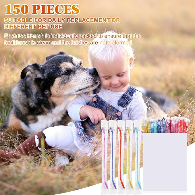 Nuenen 150 Pcs Dog Toothbrush Bulk Dual Headed Dental Soft Convenient Long Handle Puppy Toothbrush Individual Packaged for Cleaning Small to Large Dogs Cats Pets