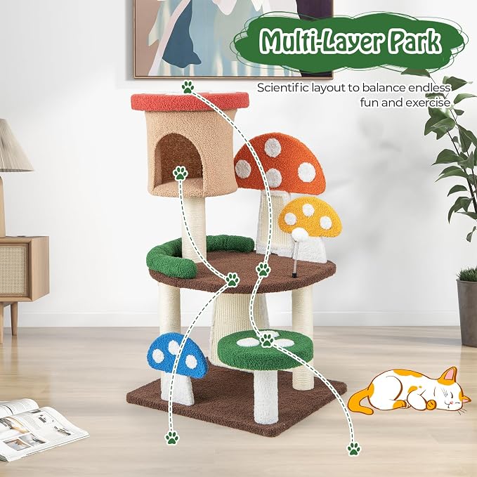 Tangkula Patented Mushroom Cat Tree, Cute Cat Tower with Full-Wrapped Sisal Post, Scratching Board & Spring Ball, Cat Condo, Flower Cat Tree Tower for Indoor Cats Large Adult (40.5 Inch)
