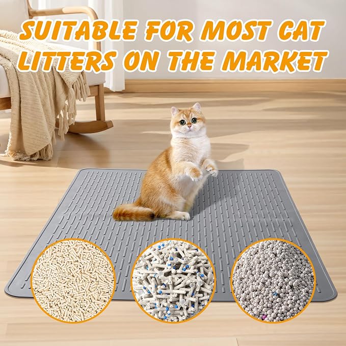 Silicone Cat Litter Mat, Waterproof, Raised Edge, 28 x 20 in, Gray | Quick-clean silicone, leakproof floor protection, non-slip base, doubles as feeding mat