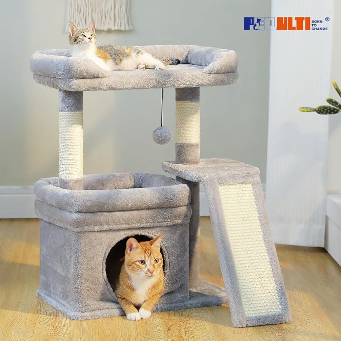 PEQULTI Cat Tree for Small Medium Cats, Gray Cat Tower for Indoor Cats | Gray aesthetic cat furniture with soft perch, private condo, natural sisal scratch post for indoor small medium kittens