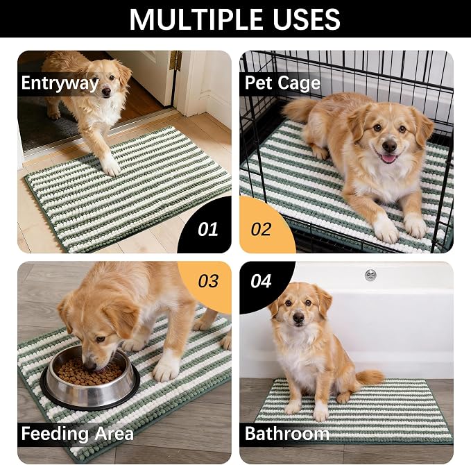 Dog Door Mat for Muddy Paws - Absorbent Quick-Dry Non-Slip Washable Chenille Pet Rug, Indoor Entryway Mat for Front Door & Crate (Green, 34" L*23" W)