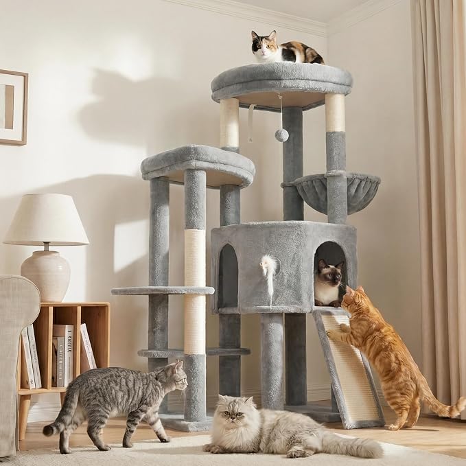 Cat Tree, Heavy Duty Cat Tower with Dual Platforms VCT002W | Oversized Diamond Condo for Large Cats, Sturdy Cat Furniture with Cozy Basket, Sisal Scratching Board & Posts, Light Gray