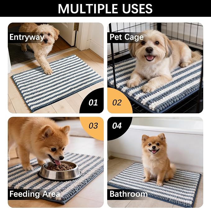 Dog Door Mat for Muddy Paws - Absorbent Quick-Dry Non-Slip Washable Chenille Pet Rug, Indoor Entryway Mat for Front Door & Crate (Blue, 30" L*18" W)