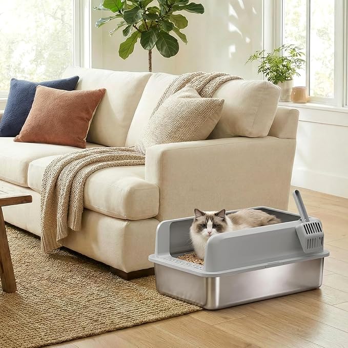 Lifewit Stainless Steel Litter Box, XL Metal Cat Litter Tray with Non-Slip Pads, Anti-Leakage Top Entry and High Sided, Easy to Clean, 22.8"×15"×10.2", Gray