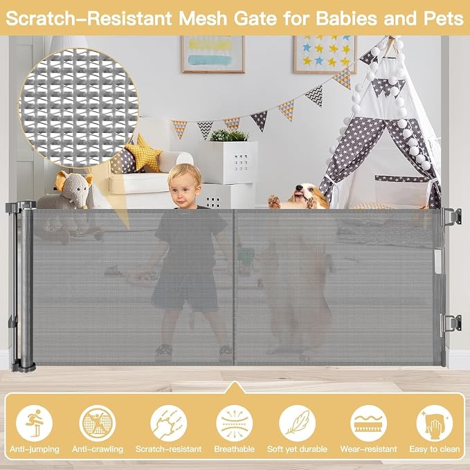 Reinforced 28-Inch Tall Retractable Baby Gates for Doorways, Walk Through Pet Gate for Stairs, Short Baby Gate with Support Rods, 55 Inch Wide Mesh Gate Retractable Gate Small Dog Gate, Gray