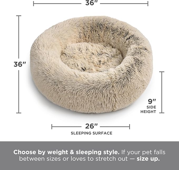 Best Friends by Sheri The Original Calming Donut Dog Bed for Large Dogs up to 100 lbs, Shag Faux Fur, Taupe, Large, 36" x 36"
