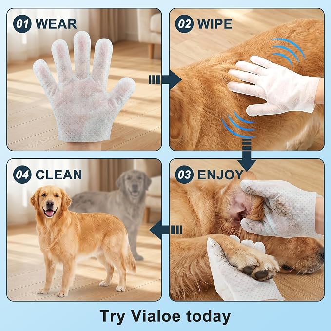 4-in-1 Pet Grooming Glove Wipes – Deshedding, Cleaning, Massage & Coat Care – Removes Loose Fur, Dirt & Odor – Honey, Shea Butter & Oat – 5X Moisture – Waterless Dog & Cat Bath