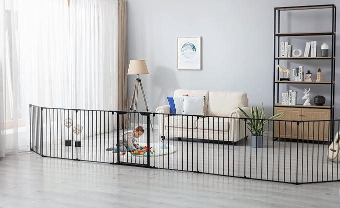 196" Extra Wide Baby Gate Metal Safety Playpen - Fireplace Fence for Toddler/Pet/Dog, Max Length 196", 8-Panel (30" H, Black)